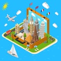 Landmarks in Vintage Travel Suitcase Concept Isometric View. Vector Royalty Free Stock Photo