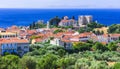 Landmarks of Samos islan - Pythagorion town, view with Lykourgos Logothetis castle. Greece Royalty Free Stock Photo