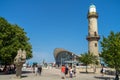 The Landmarks of Warnemuende, old lighthouse and building Teepott