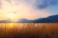 Landsacpe of sunset or sunrise foreground is grass flowers and lake with mountains and clouds moving flow background