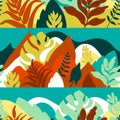 Seamless pattern with mountain hilly landscape with tropical plants and trees, palms.