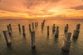 Landscape of abandoned bridge with sunset