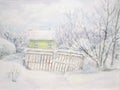 Landscape with abandoned house and snow courtyard.