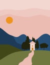 Landscape abstract boho with house, Mountain. Aesthetic Minimal nature European background with sun, sky, trees