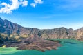 Landscape of active volcano Baru Jari, Lake Segara Anak and summit of Rinjani mountain. Lombok island, Indonesia Royalty Free Stock Photo