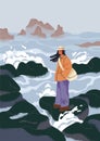 Landscape, adventure card. Calm lonely person standing on rocks in sea, wind. Girl travels in nature. Serenity