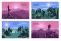 Landscape adventure posters. Outdoor walk in mountains. Hiking person in sunrise hill. Scenic rocky panorama or campsite Royalty Free Stock Photo