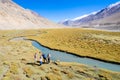 Landscape aerial view of mountains with river and green valley in Himalayas with blue sky in Nubra valley, Jammu and Kashmir.