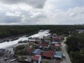 aerial view of rural fishing village by the river bank. Royalty Free Stock Photo