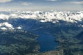 Landscape aerial view of Zurich, Switzerland, lake Zurich, hills and fields.