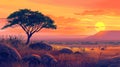 Landscape of African savannah landscape at sunset, wild nature of Africa in the evening, cartoon background with green Royalty Free Stock Photo