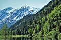 Alaskan landscape with lake and snow capped mountains and trees Royalty Free Stock Photo