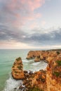 Landscape on the Algarve coast at sunset. Beach in southern Portugal the best travel destination for tourists on vacation. seascap