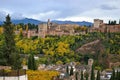 Landscape of the Alhambra on a cloudy day in autumn, the forest with green and yellow leaf trees and houses of the AlbaicÃÂ­n