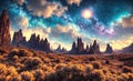 Landscape of an alien planet, beautiful view of red desert on another planet, fictional sci-fi background. Generative AI Royalty Free Stock Photo