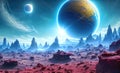 Landscape of an alien planet, beautiful view of red desert on another planet, fictional sci-fi background. Generative AI Royalty Free Stock Photo