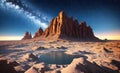 Landscape of an alien planet, beautiful view of red desert on another planet, fictional sci-fi background. Generative AI