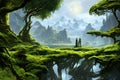 Landscape of an alien planet with green moss and trees, science fiction cosmic background. Generative Ai Royalty Free Stock Photo