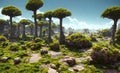 Landscape of an alien planet, view of another planet with fantastic trees, science fiction background. Generative Ai