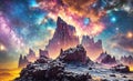 Landscape of an alien planet, view of another planet with stars and nebulas, science fiction cosmic background. Generative Ai