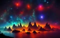 Landscape of an alien planet, view of another planet with stars and nebulas, science fiction cosmic background. Generative Ai