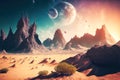 Landscape of alien world in deep space, extraterrestrial planet surface, generative AI Royalty Free Stock Photo