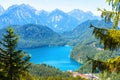 Landscape of Alpine mountains, Germany. Beautiful scenic view to Alpsee lake from above