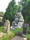 Landscape. An ancient crypt from a pile of stones. A statue of a man in stones is depicted. From the top on the stones is a green