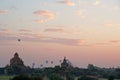 Landscape of ancient pagoda and balloon floating over the orange sky sunrise in the morning at Bagan , Mandalay , Myanmar Travel a