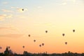 Landscape of ancient pagoda and balloon floating over the orange sky sunrise in the morning at Bagan , Mandalay , Myanmar Travel a