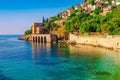 Landscape of ancient shipyard near of Kizil Kule tower in Alanya peninsula, Antalya district, Turkey, Asia. Famous tourist