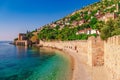 Landscape of ancient shipyard near of Kizil Kule tower in Alanya peninsula, Antalya district, Turkey, Asia. Famous tourist Royalty Free Stock Photo