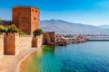 Landscape of ancient shipyard near of Kizil Kule tower in Alanya peninsula, Antalya district, Turkey, Asia. Famous tourist Royalty Free Stock Photo