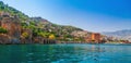 Landscape of ancient shipyard near of Kizil Kule tower in Alanya peninsula, Antalya district, Turkey, Asia. Famous tourist Royalty Free Stock Photo