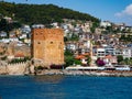 Landscape of ancient shipyard near of Kizil Kule tower in Alanya peninsula, Antalya district, Turkey, Asia. Famous Royalty Free Stock Photo