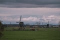 Landscape with ancient windmills in the Netherlands in gloomy spring weather. Stormy day over Dutch village of Streefkerk Royalty Free Stock Photo