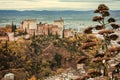 Landscape of Andalusia. Towers of Alhambra, old houses and mountains on background of Granada Royalty Free Stock Photo
