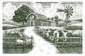 Landscape of animal farm hand draw vintage engraving style black and white clip art isolated on white background