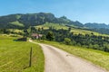 Landscape in the Appenzell Alps with green pastures and meadows, view to Mt. Hoher Kasten, Bruelisau, Canton Appenzell Innerrhoden