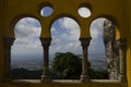 Arches of Pena castle architecture with nature and historic city of sintra