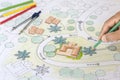 Landscape Architect Designs Blueprints For Resort. Royalty Free Stock Photo