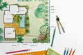 Landscape architect student learning design backyard  pool and garden plan Royalty Free Stock Photo