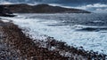 Landscape of the Arctic Ocean. Horizontal panorama of the sea with a view of the cliffs