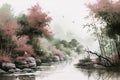 Landscape of an Asian forest on the lake surrounded by trees, bamboo branches, birds and butterflies in a fog atmosphere