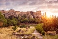 Landscape of Athens, Ancient Agora overlooking Acropolis hill at sunset, Greece Royalty Free Stock Photo