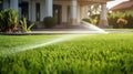 Landscape automatic garden watering system with different rotating sprinklers installed on turf. Landscape design with