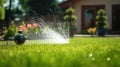 Landscape automatic garden watering system with different rotating sprinklers installed on turf. Landscape design with