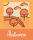 landscape autumm forest trees nature cartoon, filled line flat