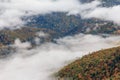 Landscape in autumn mountains. View from the top of the mountain on the forest fog coatings. Royalty Free Stock Photo