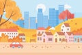 Landscape in autumn nature scene, cityscape urban and suburban houses car trees leaves street